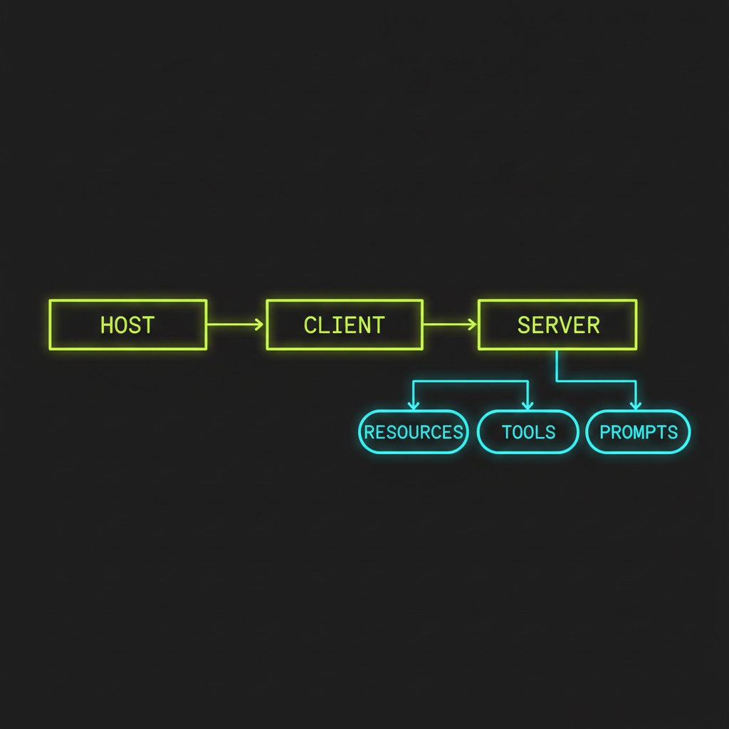 Model Context Protocol (MCP) architecture diagram showing the MCP protocol flow: The universal standard for connecting AI models to external data sources and tools.